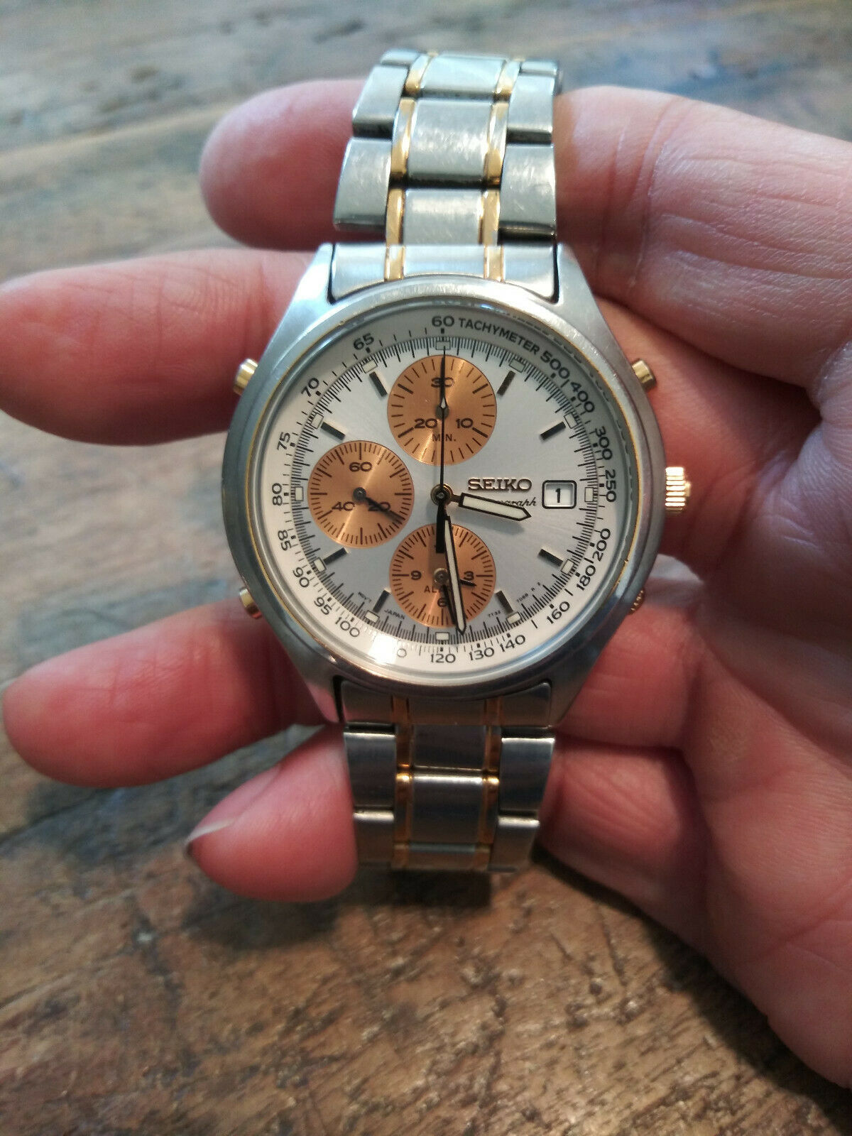 Vintage Seiko 7T32-7C60 Gold Panda Dial Alarm Chronograph Men's