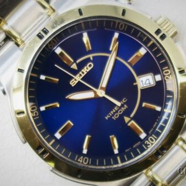 Seiko Kinetic 100m Watch Two Tone Band Blue Face 5M62 0BJ0 Watch Works ...