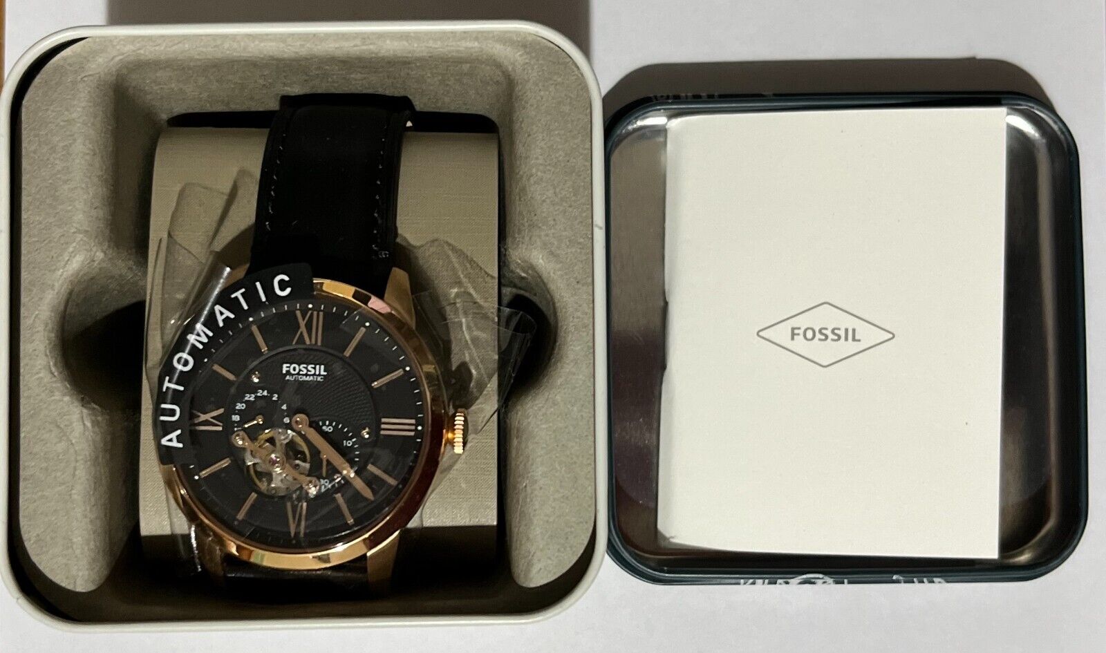 Fossil Townsman Rose Gold Watch 44mm Black Leather Strap Automatic