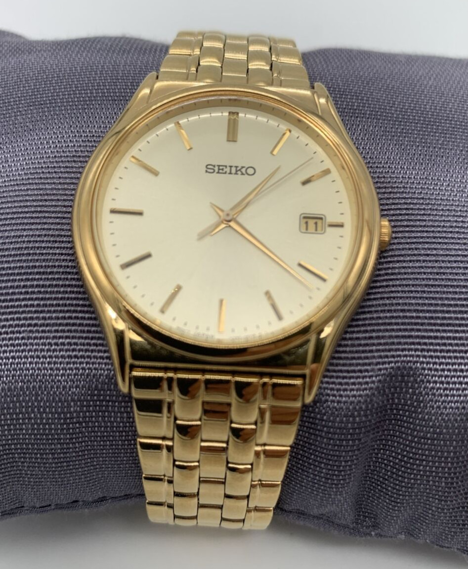 Mens SEIKO Watch V732-0C40 Gold Stainless Steel Band w/ Box