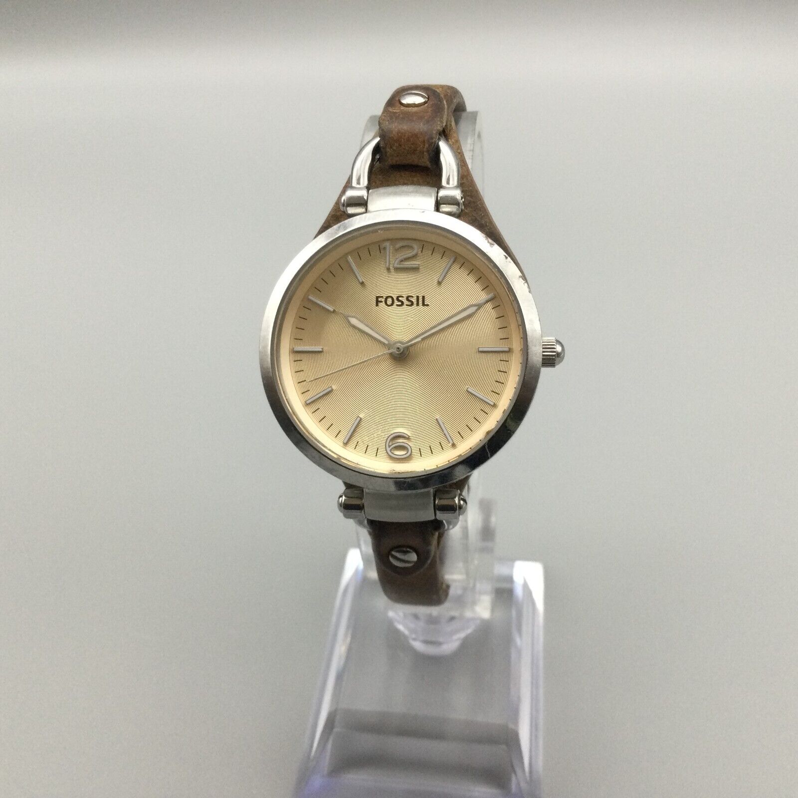 Fossil Georgia Watch Women Silver Tone Round 50M ES2830 Leather Band New Battery WatchCharts Marketplace