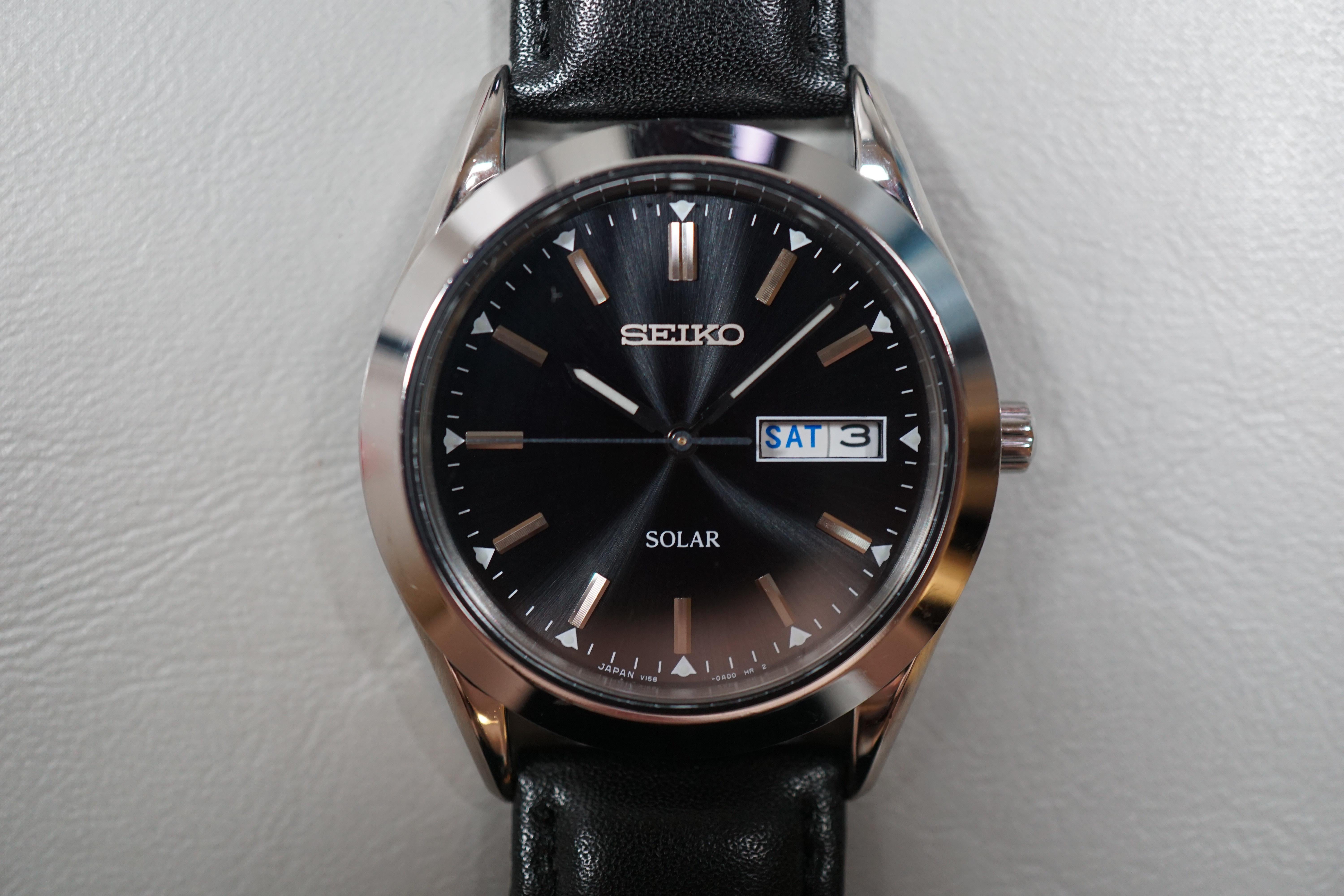 WTS Seiko V158 0AB0 Black Dial Stainless Solar Quartz 85