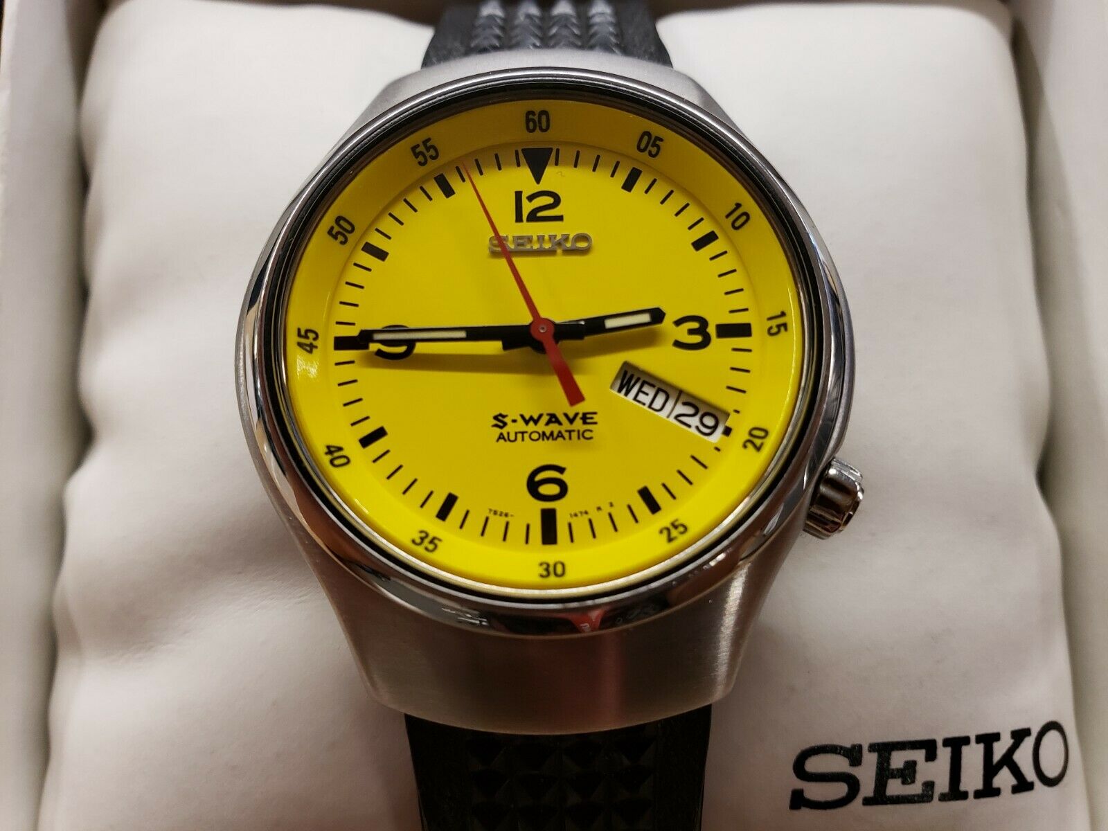 Seiko S-Wave watch Yellow dial automatic day date Leather 7S26-0110 Mens  vintage 海外 即決