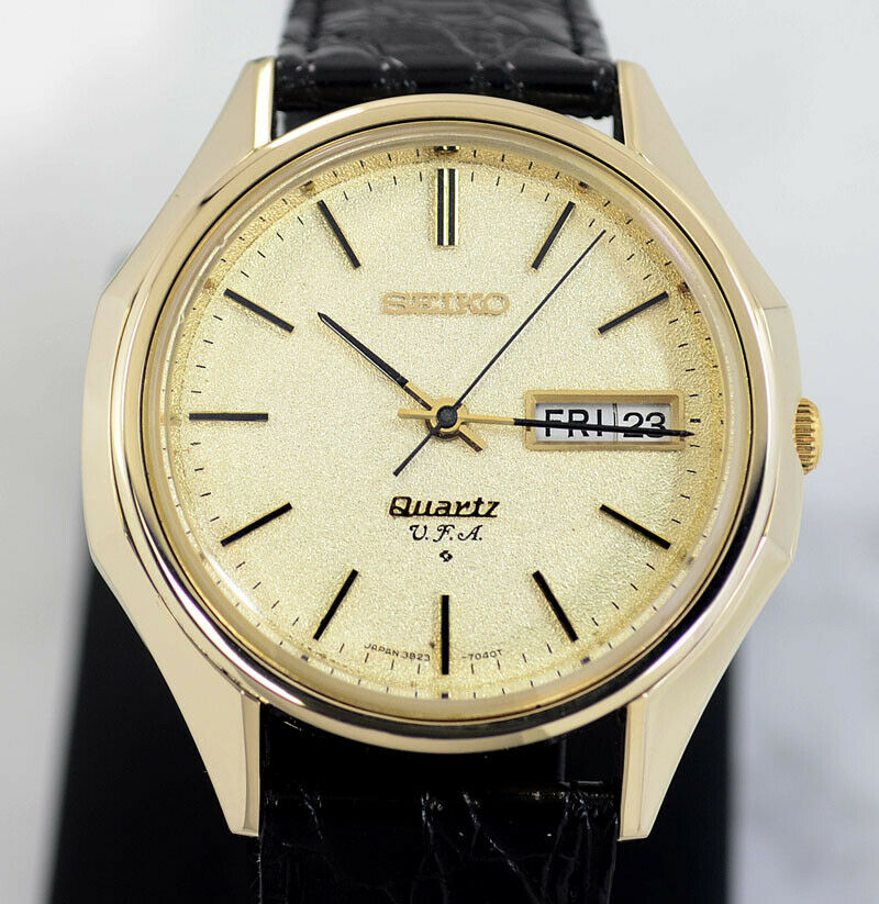 VINTAGE SEIKO QUARTZ U.F.A 3823-7040 DAY&DATE YELLOW GOLD DIAL