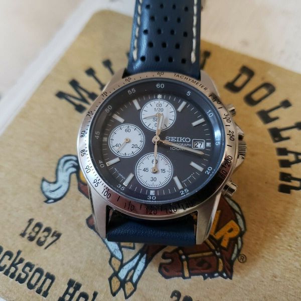 Seiko Reverse Panda Blue Tachymeter Chronograph 7T92-0DW0 w/Leather Rally  Strap | WatchCharts