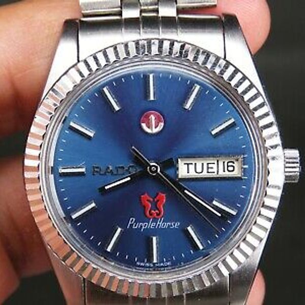 VINTAGE RADO PURPLE HORSE 2878 STAINLESS STEEL SWISS DAY DATE AUTO