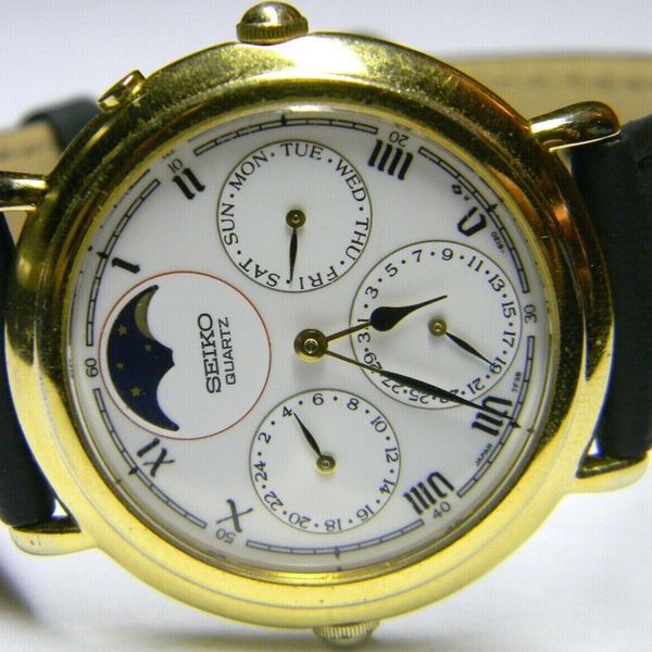 mens Seiko Triple Calendar Day Date Month Moonphase Gold Plated watch 7F386140 WatchCharts