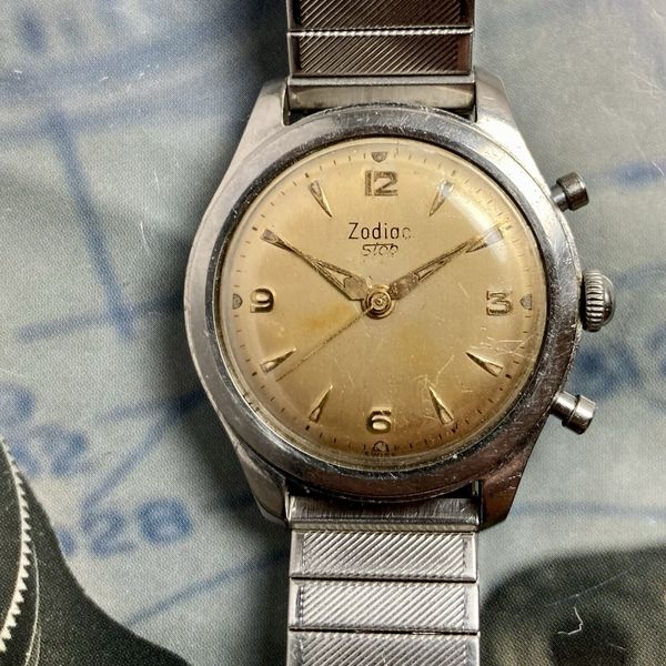 Zodiac 1950s Vintage STOP Swiss Chronograph Watch Gold Dial Ref 906 ...