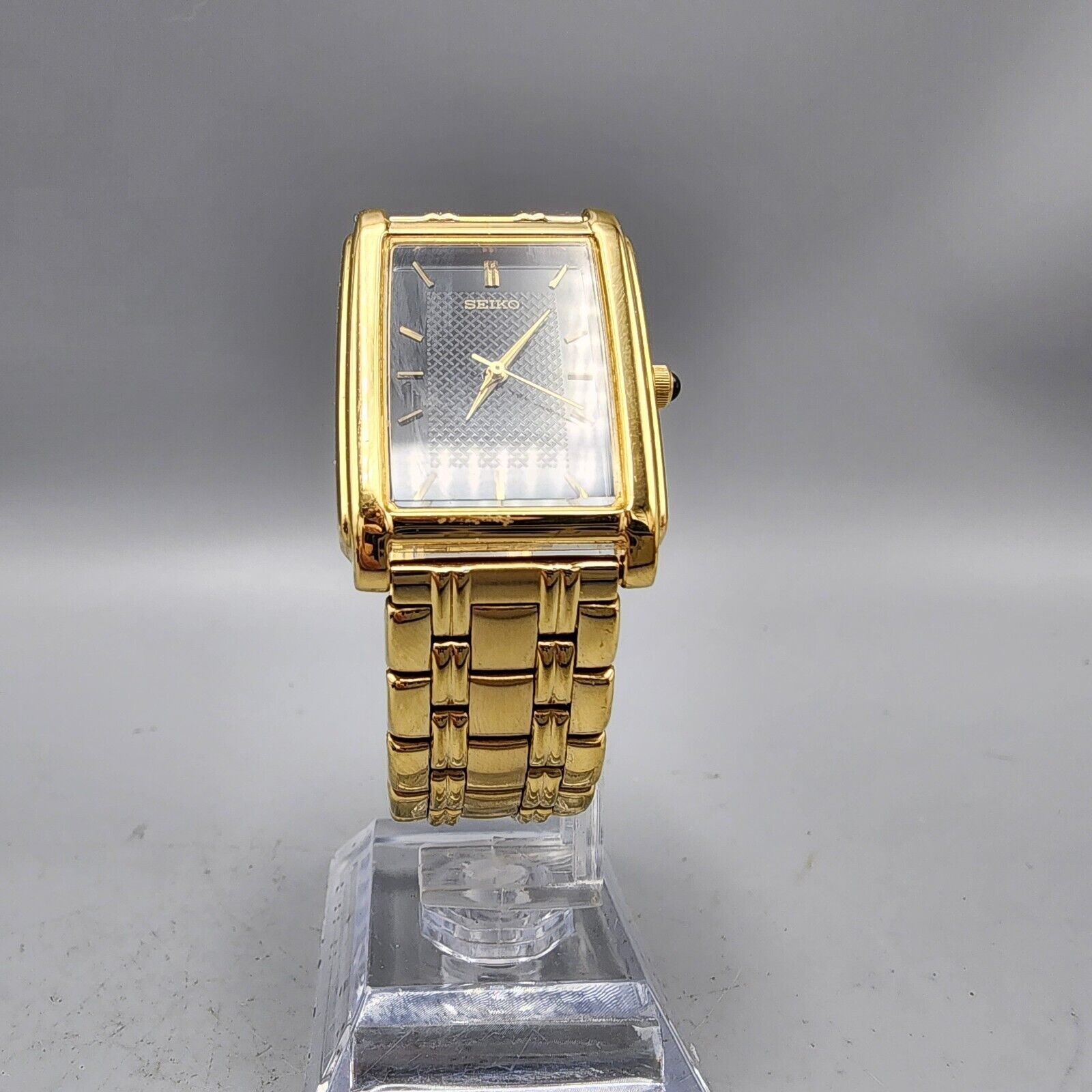 Seiko Watch Men Gold Tone Black Dial 26mm Rectangle V701 5E49 New