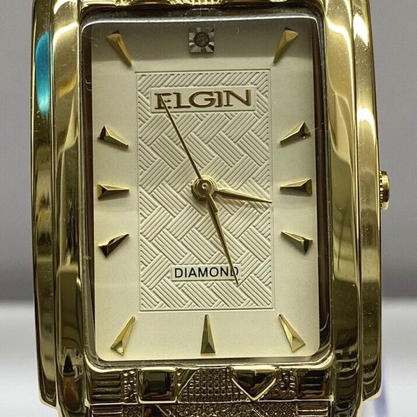 New Elgin Men's Luxury Gold Tone Diamond Rectangle With Gold Dial Watch ...