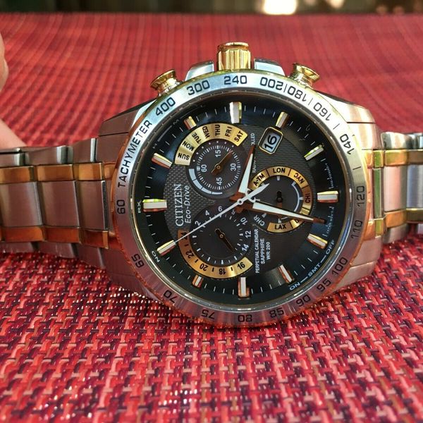 CITIZEN ECO-DRIVE PERPETUAL CHRONO CALENDAR SAPPHIRE WR200 WATCH 2 TONE 