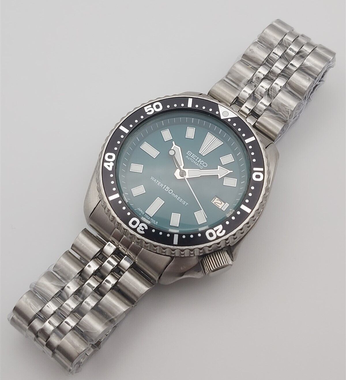 93 SEIKO 7002 7000 SS MENS DATE AUTO DIVE BLACK 380091 GREEN DIAL