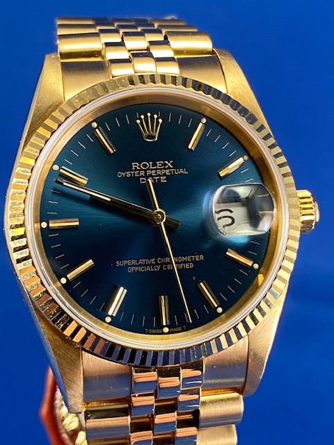 Fs Rolex 15238 date model 18 kt gold stunning blue dial complete