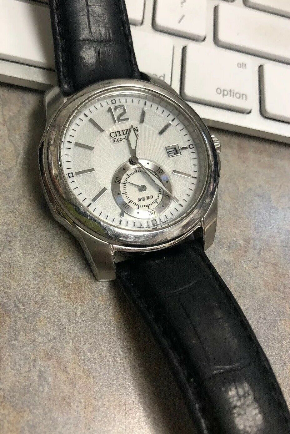 MEN'S STAINLESS STEEL BLACK LEATHER BAND CITIZEN ECO DRIVE WATCH