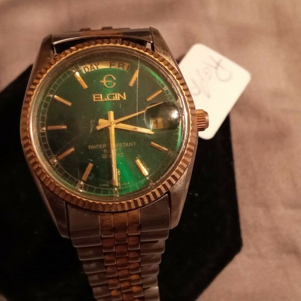 vintage ELGIN QUARTZ DAYDATE　希少品 Elgin Day-Date Quartz Watch 36mm Silver Dial Stainless Steel