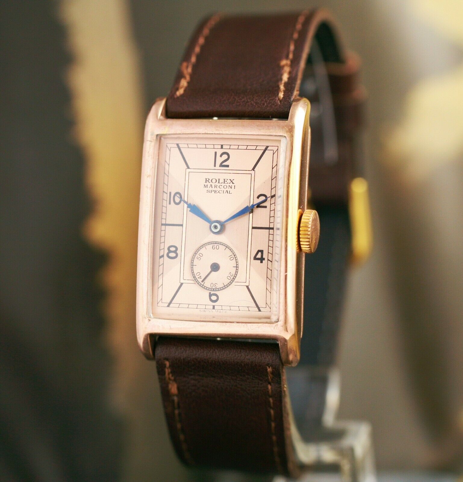 VINTAGE ROLEX MARCONI WATCH SALMON DIAL 18K GOLDPLATED RECTANGULAR 