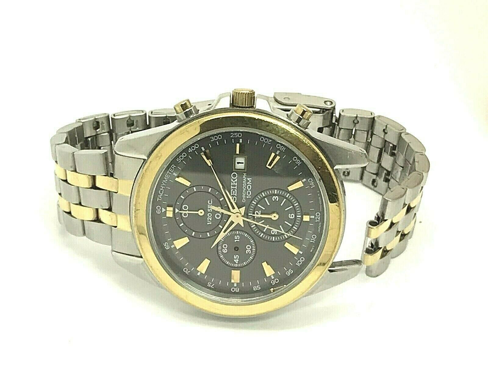 Seiko 7T92 0PP0 Chronograph Two Tone Stainless Gray Dial Men s