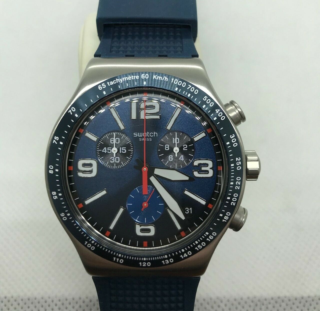 Swatch Irony Stainless Steel Chrono Blue Grid Chronograph
