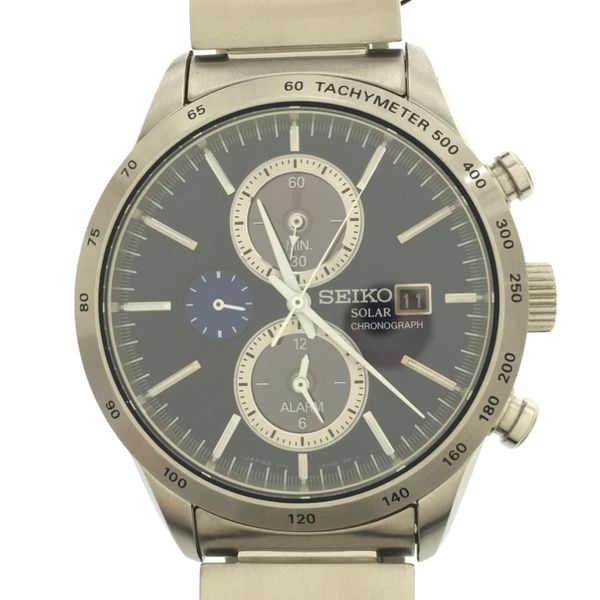 [used] Seiko Solar Watch V172 0ap0 Analog Silver Navy Chronograph Stainless Steel [clothing