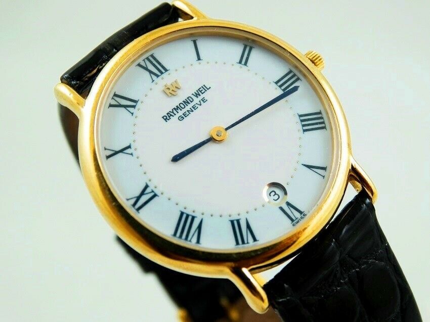 RAYMOND WEIL Geneve 9124-2 Swiss 18k. Gold Electroplated 10m. Mens Date  Watch | WatchCharts Marketplace