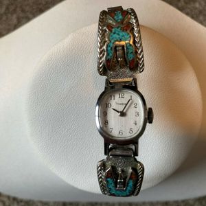 Vintage TIMEX Women's Wind Up Watch Turquoise Coral Partial 