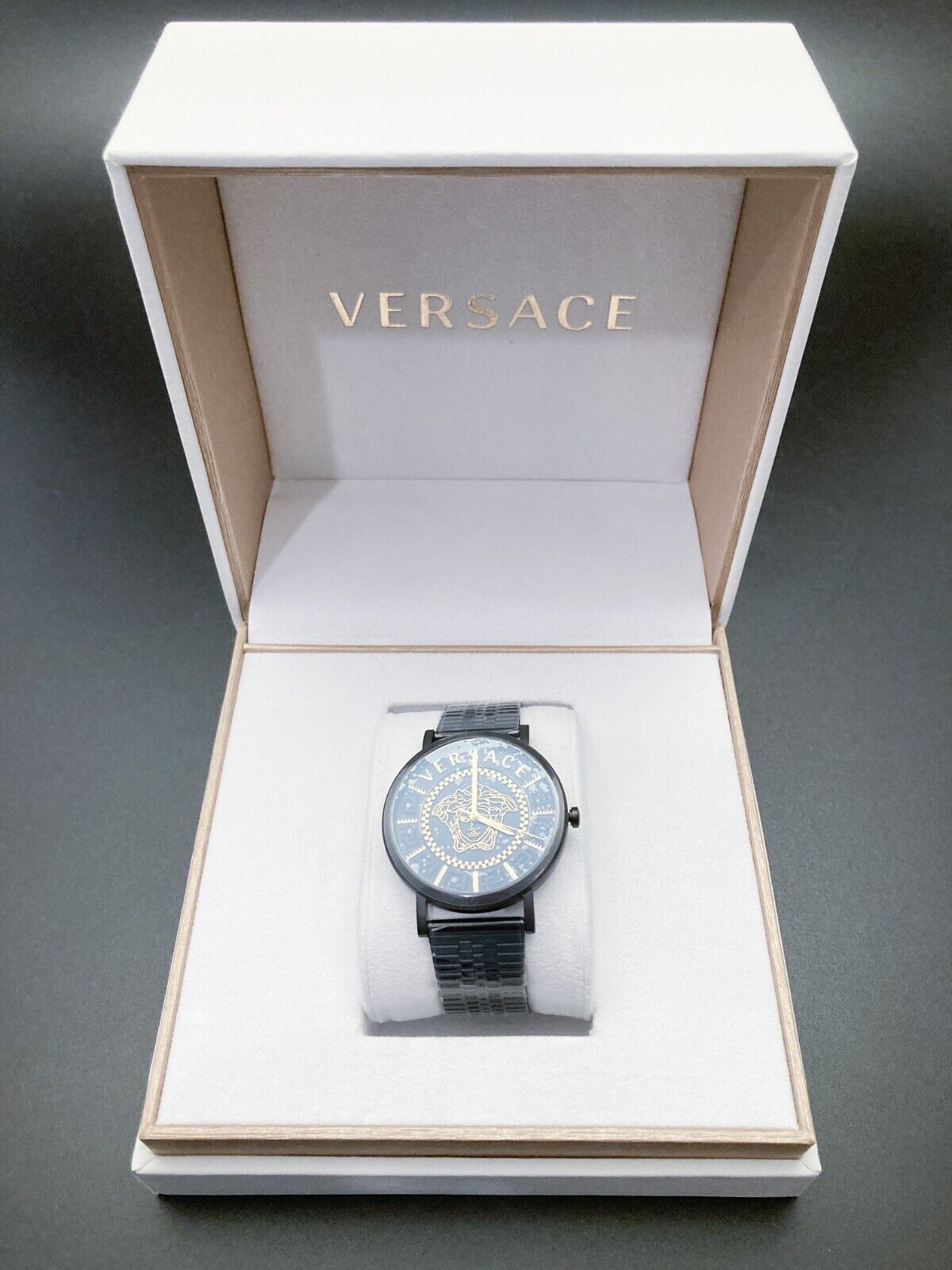 Versace men watch V-Essential gold black Stainless Steel Watch NEW VEJ400621