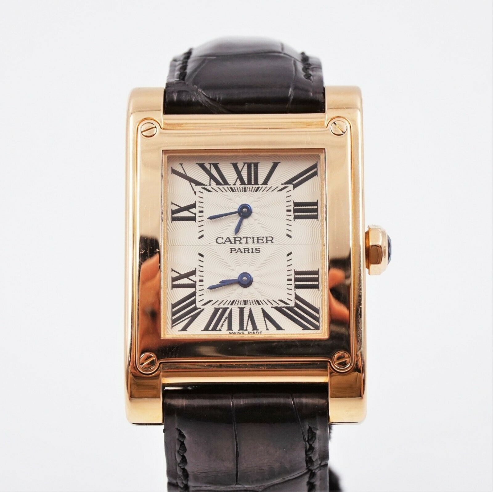 Pre Owned Out of Box Cartier Tank Avis Dual Time 18k Rose Gold