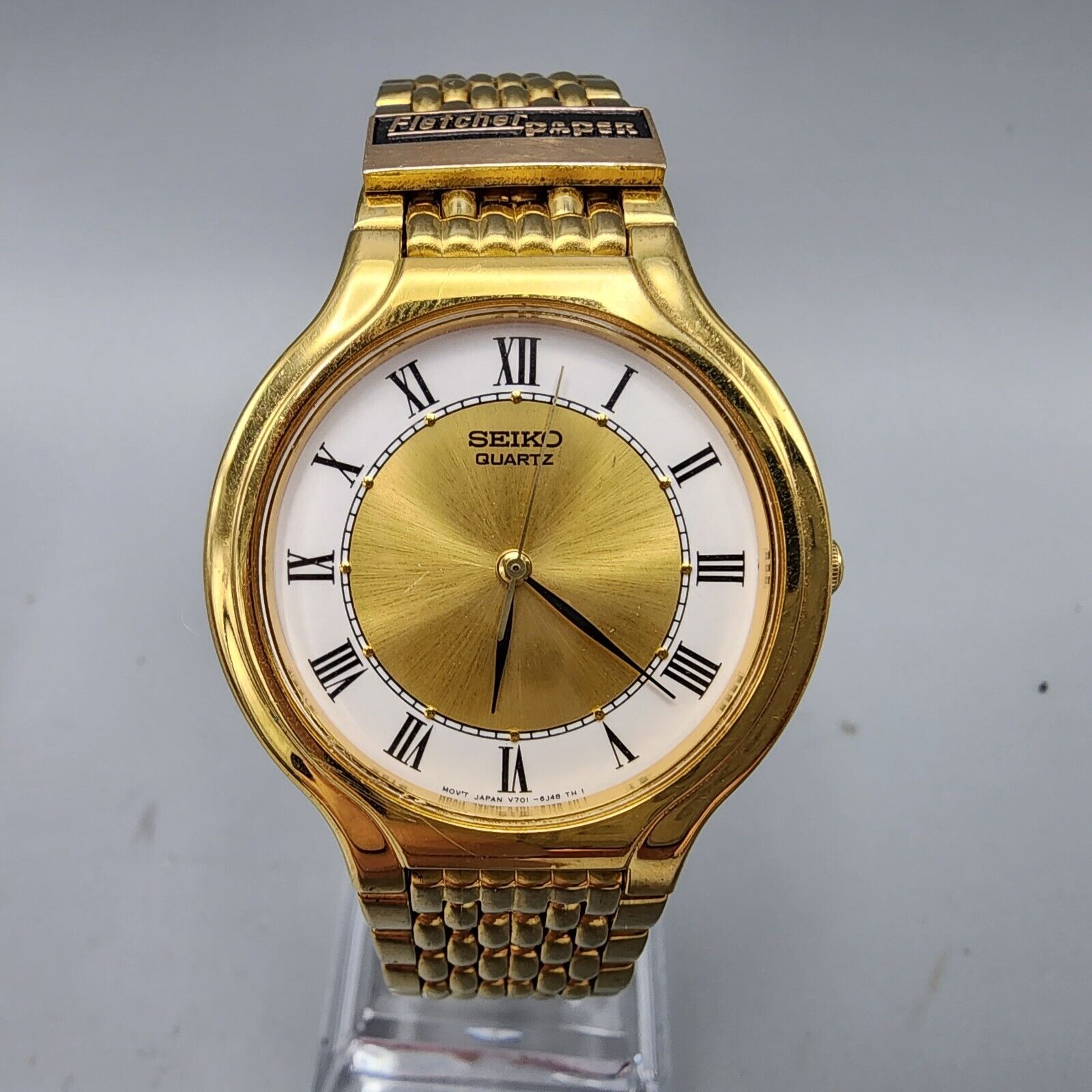 Vintage Seiko Watch Men Gold Tone Gold Dial Round 34mm V701 6K69