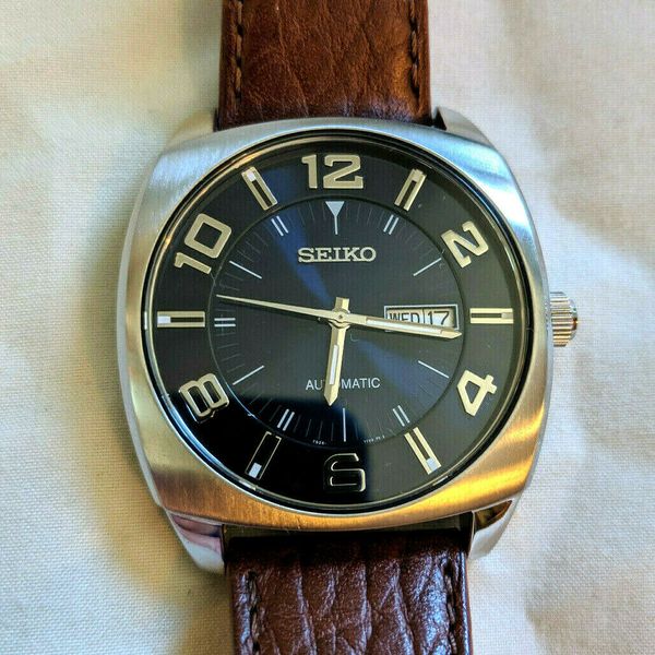 Seiko Automatic SNKN37 Recraft Men's Blue Dial Watch Brown Leather Strap  43mm | WatchCharts