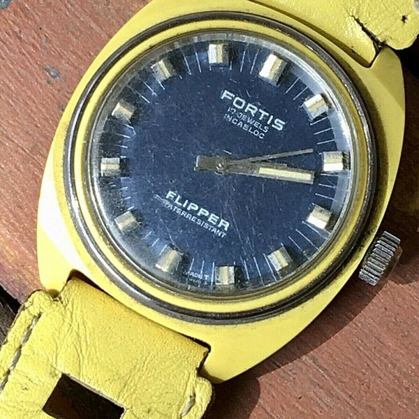 Vtg 1970s Incabloc Fortis Flipper Olympic Yellow Watch * 17 Jewels ...