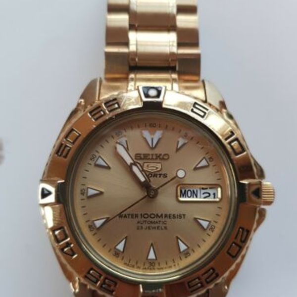 Seiko 5 Sports Day Date 7S36-00Y0 23 Jewels Automatic gold Mens
