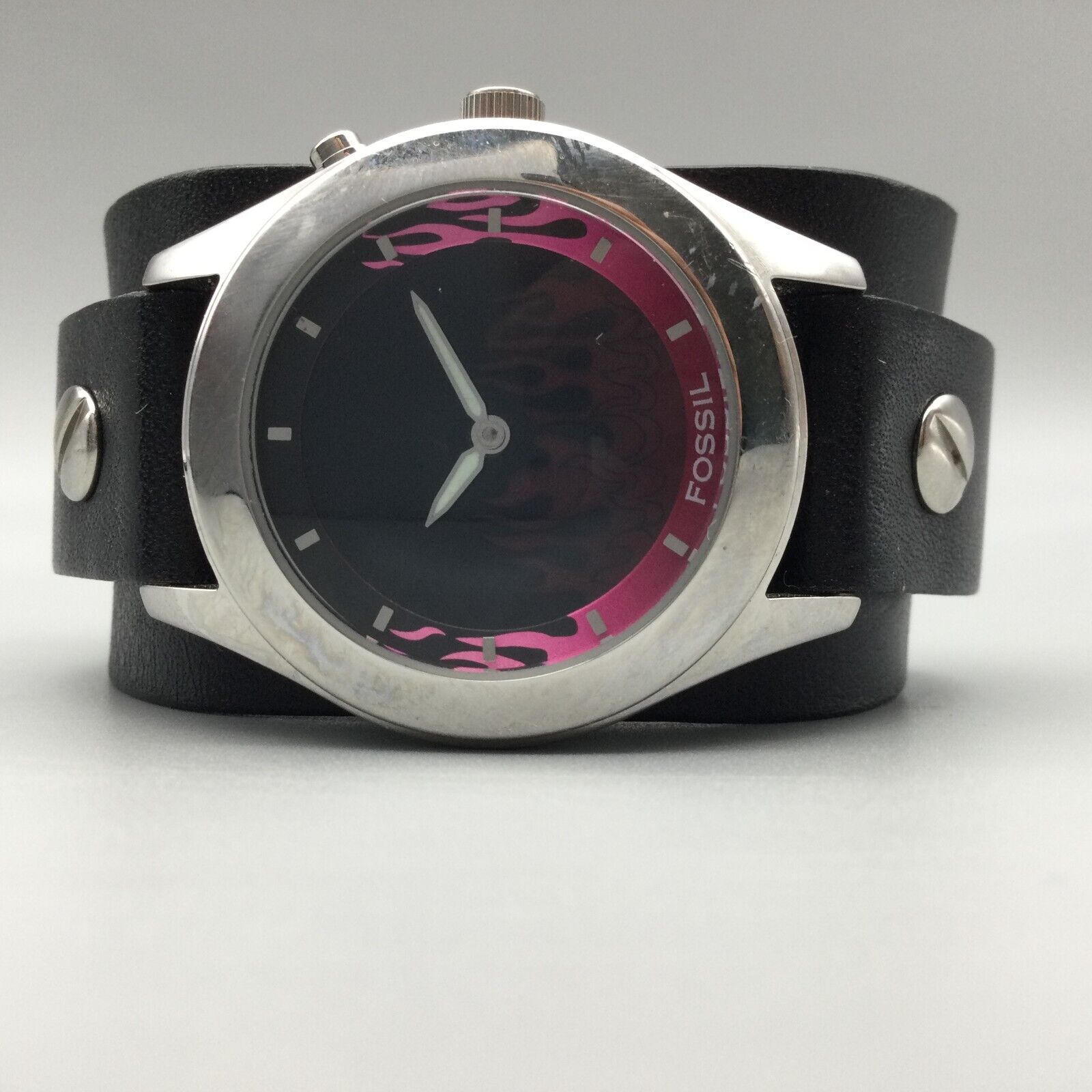 Fossil Big Tic Watch Women Silver Tone Flame Pink Black