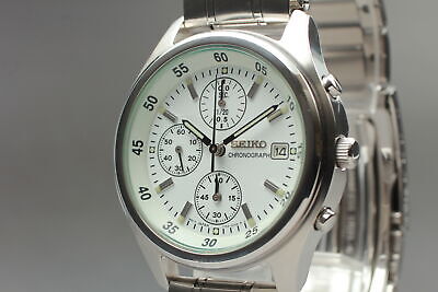 Exc 5 SEIKO 7T92 0CC0 Chronograph White Dial Mens Quartz Watch