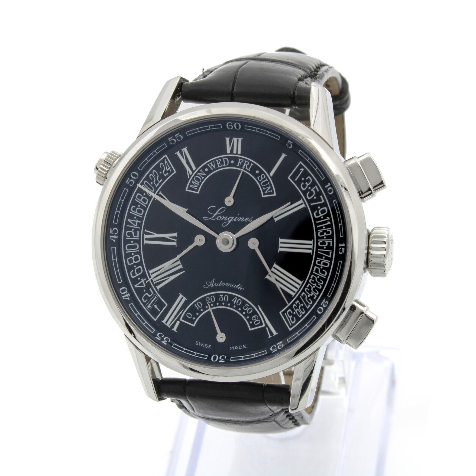 LONGINES HERITAGE RETROGRADE AUTOMATIC DAY DATE GMT BLACK 41MM