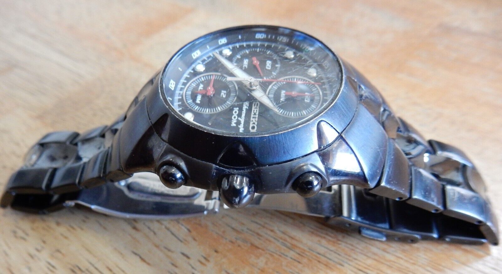 Seiko 7T62 0GM0 Men 100m Black Analog Quartz Alarm Chronograph