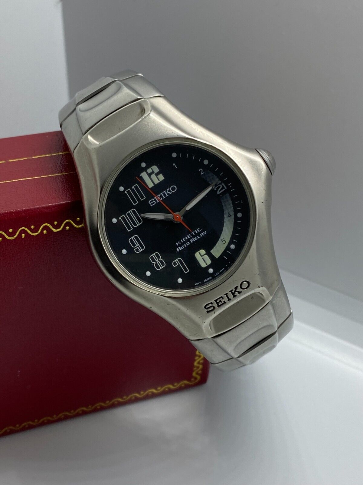 Seiko Kinetic 5J22-0A90 自動巻きクォーツ腕時計 Vintage SEIKO Kinetic 5J22-0A90 Black Blue Men's Watch New battery