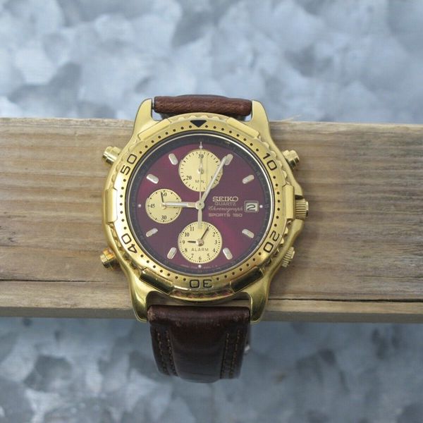 Seiko, 7T32 6B89, Chronograph Sports 150 Quartz Men's Watch Gold & Maroon |  WatchCharts