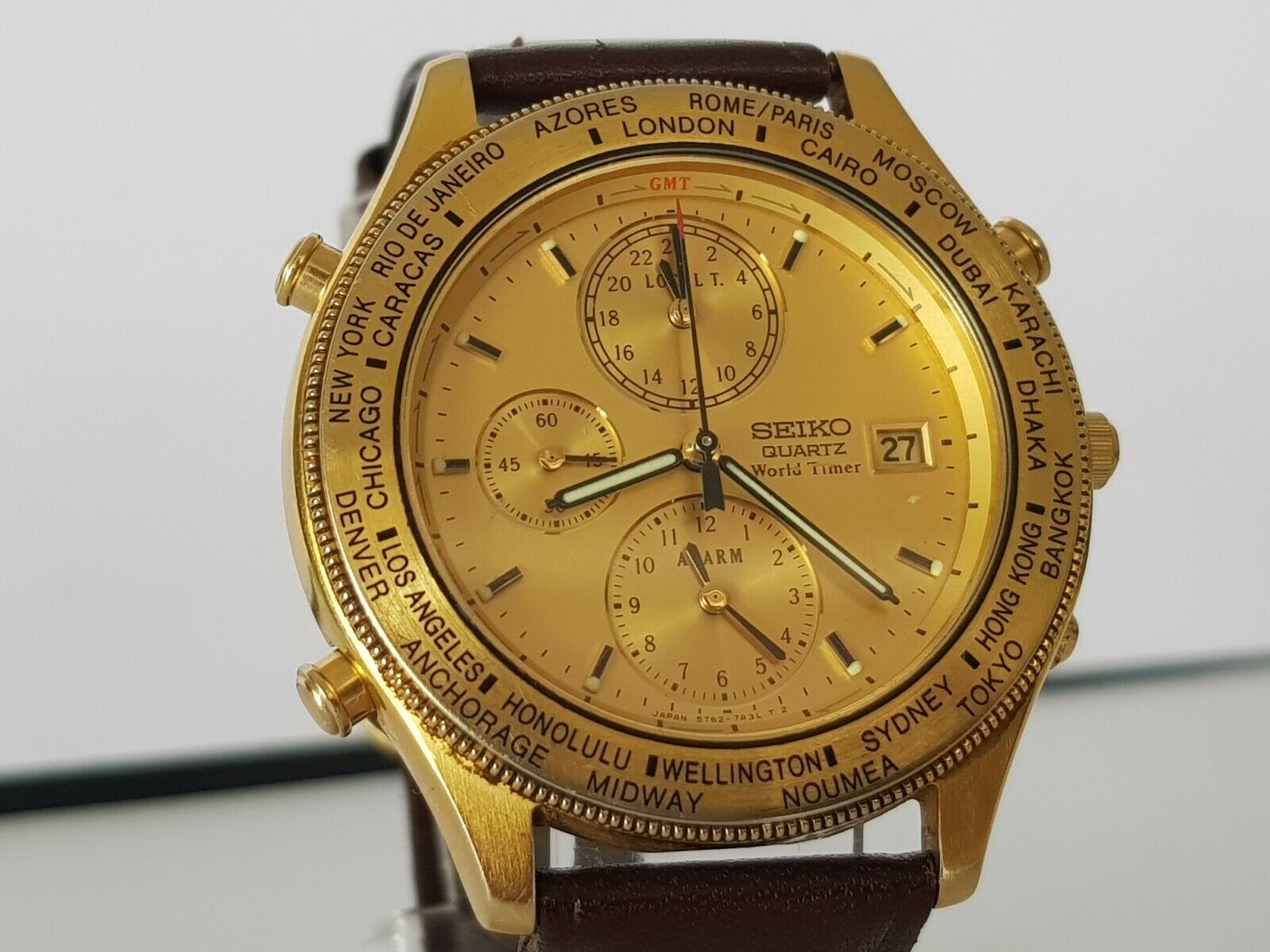 SEIKO QUARTZ WORLD TIMER Age of Discovery 5T52-7A20- RARE VINTAGE 