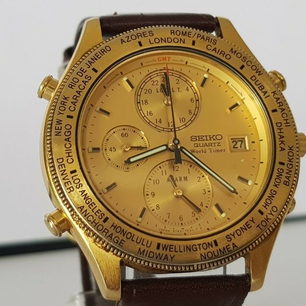 SEIKO QUARTZ WORLD TIMER Age of Discovery 5T527A20 RARE VINTAGEJAPAN