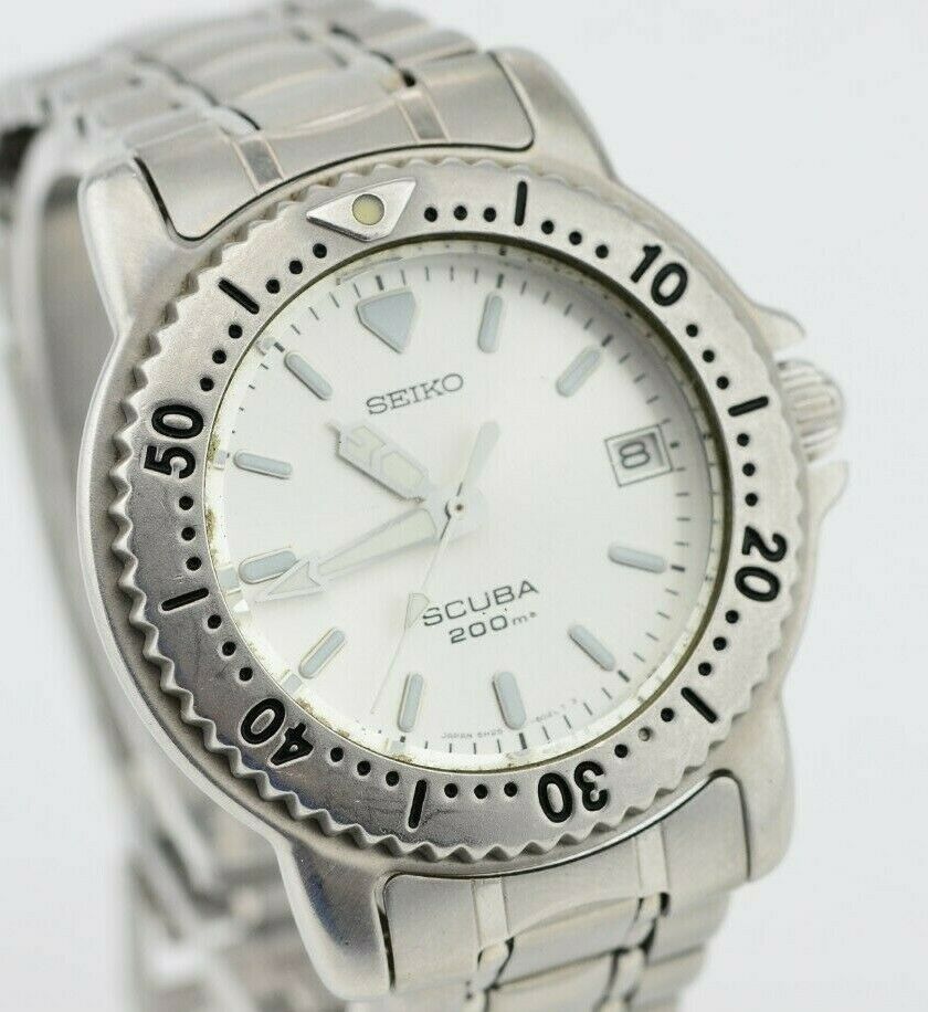 Vintage Seiko Scuba 200 Quartz Silver Date Watch 5H25-6060 JDM