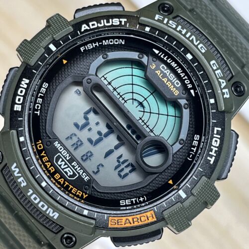 Casio Men's Watch WS-1200H 3485 100 Meter WR Fishing Gear 3 Alarms RUNS  GREAT