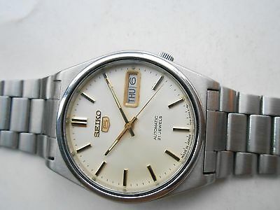 Rare Vintage Cream Dial Seiko 5 Mens Day Date Automatic WristWatch