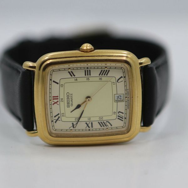 Vintage Seiko 5Y32-5B09 Gold Tone Rectangle Watch Black Leather New ...