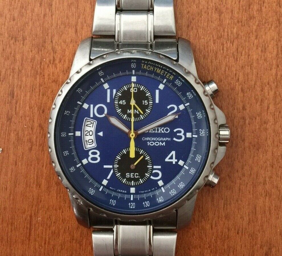 VINTAGE SEIKO 7T94-0AH0 QUARTZ CHRONOGRAPH WATCH NAVY BLUE