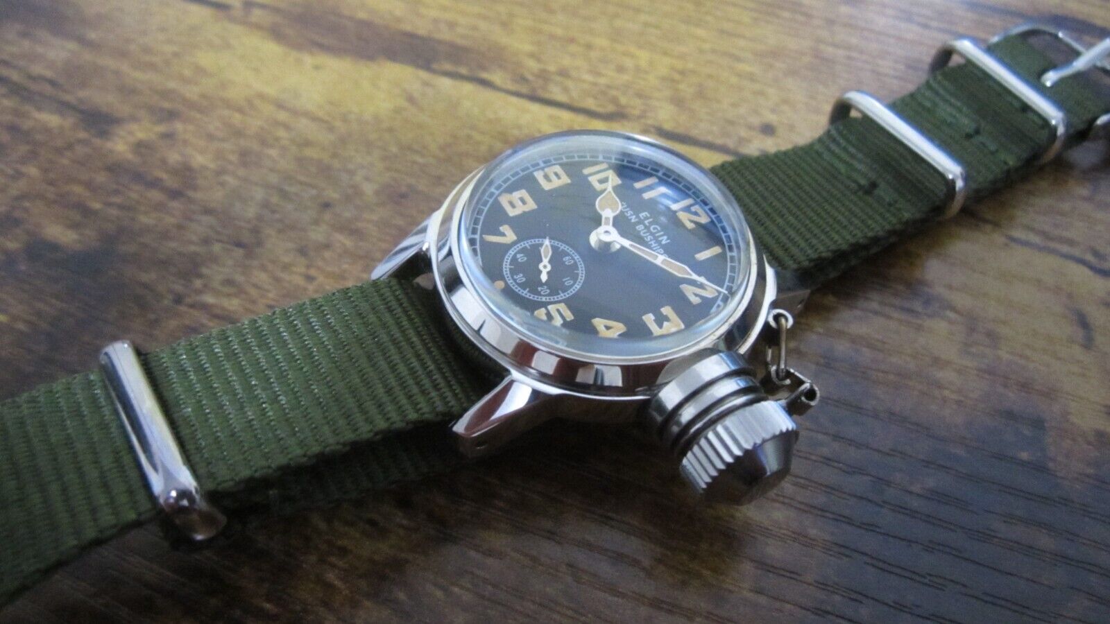 Montre Elgin A-11 US Navy 1944 - Modèle Historique WW2, Mouvement Mécanique Manuel, Bracelet Noir - Occasion