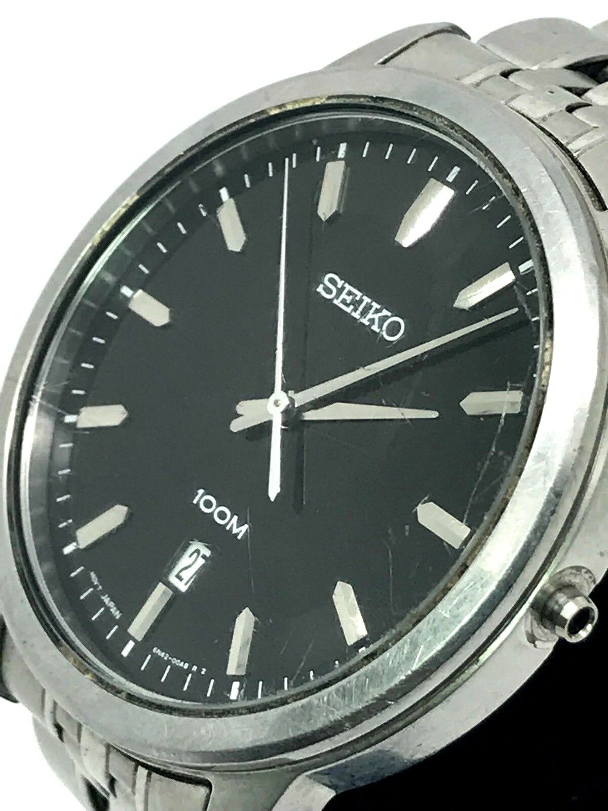 Seiko Mens Black Dial Stainless Steel Bracelet Quartz Watch 6N42