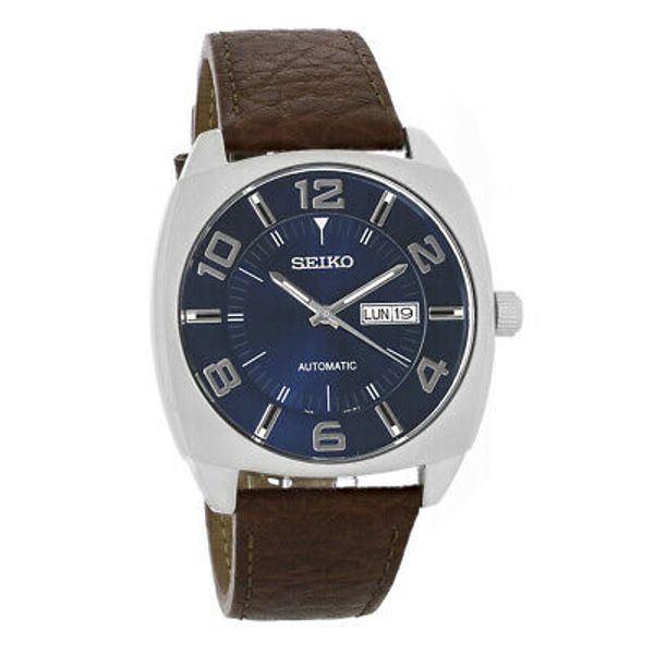 Seiko Recraft Automatic Mens Blue Day/Date Brown Leather Watch SNKN37
