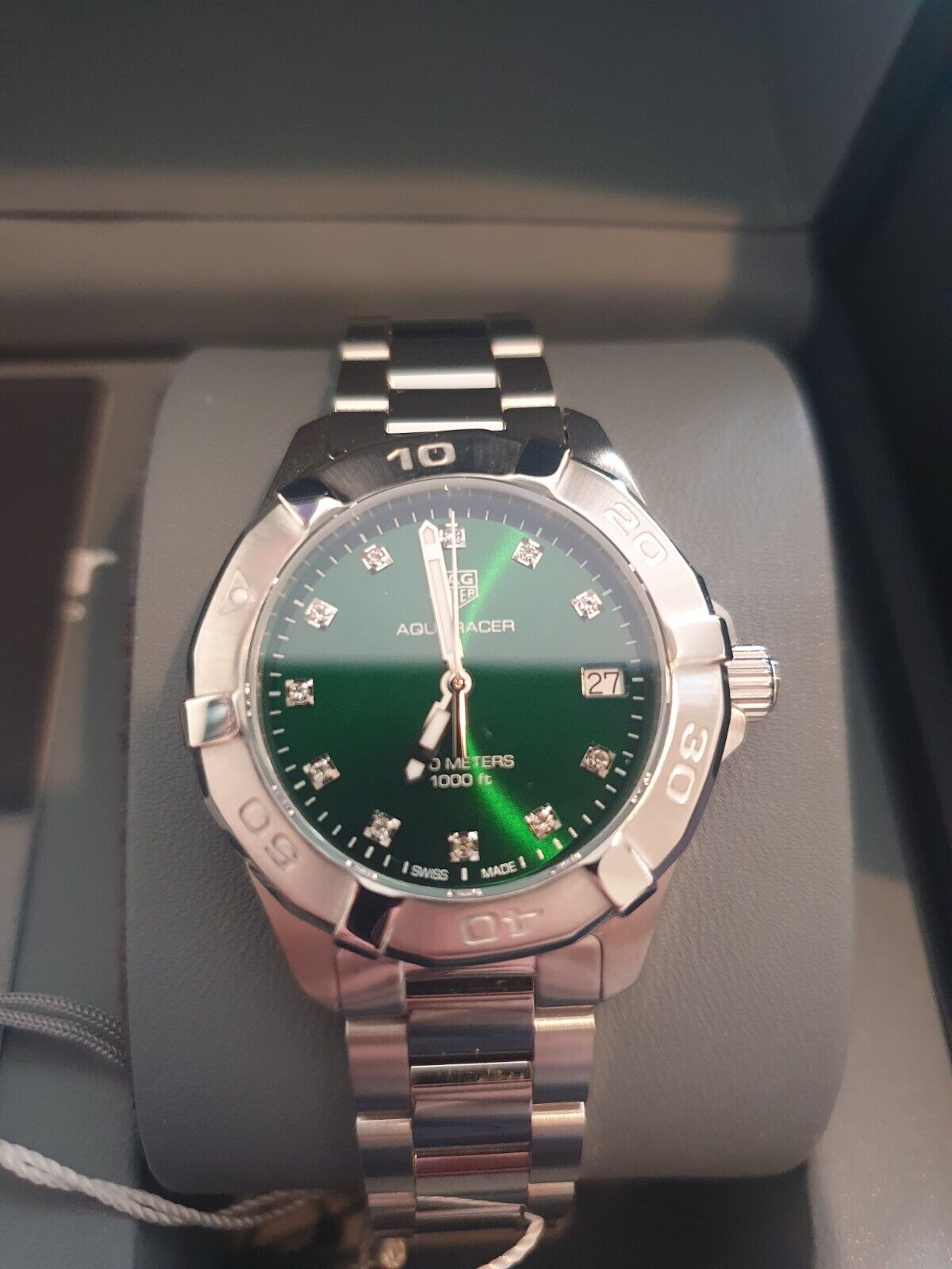 Tag Heuer Aquaracer Quartz 32mm Emerald Green Dial Silver Steel Strap Watch for Women - WBD1316.BA0740