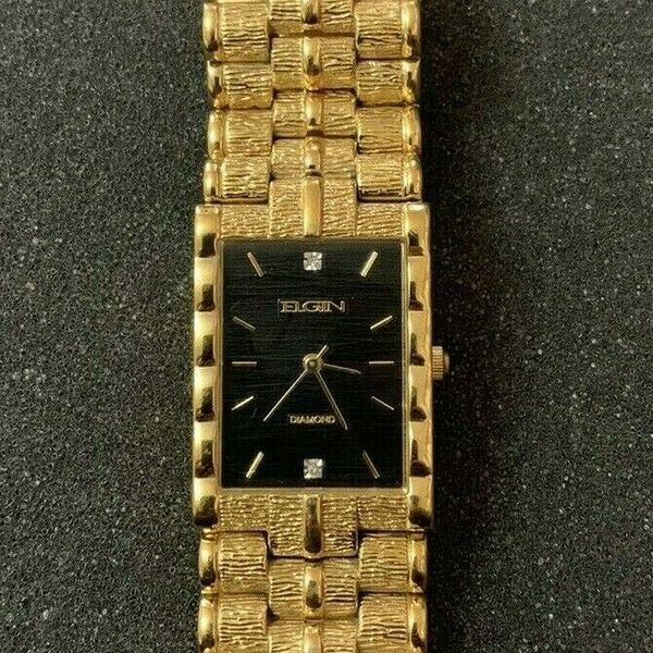 Vintage ELGIN DIAMOND Gold Tone Watch FG007 Black Dial Quartz Analog