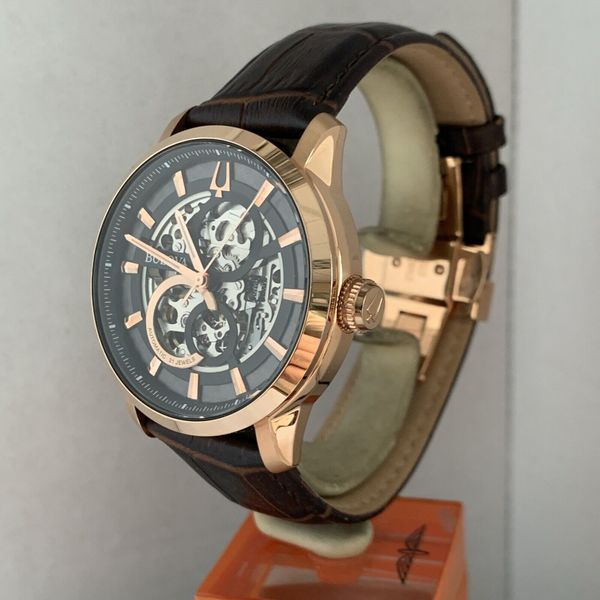 Bulova Orologio Automatico Uomo 97A169, Quadrante Multicolore, Cassa Oro Rosa 43mm, Cinturino In Pelle Marrone, Impermeabile 3 BAR - 3